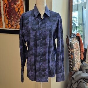 Lagerfeld Blue Print Ling Sleeve Snap Button Up Shirt